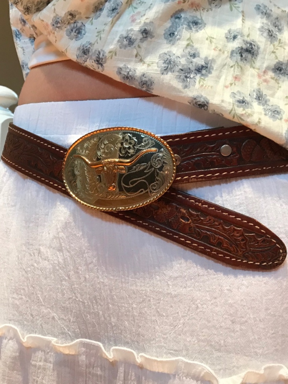 FESTIVAL🔥 VINTAGE LEATHER BELT GERMAN SILVER BIG BUCKLE